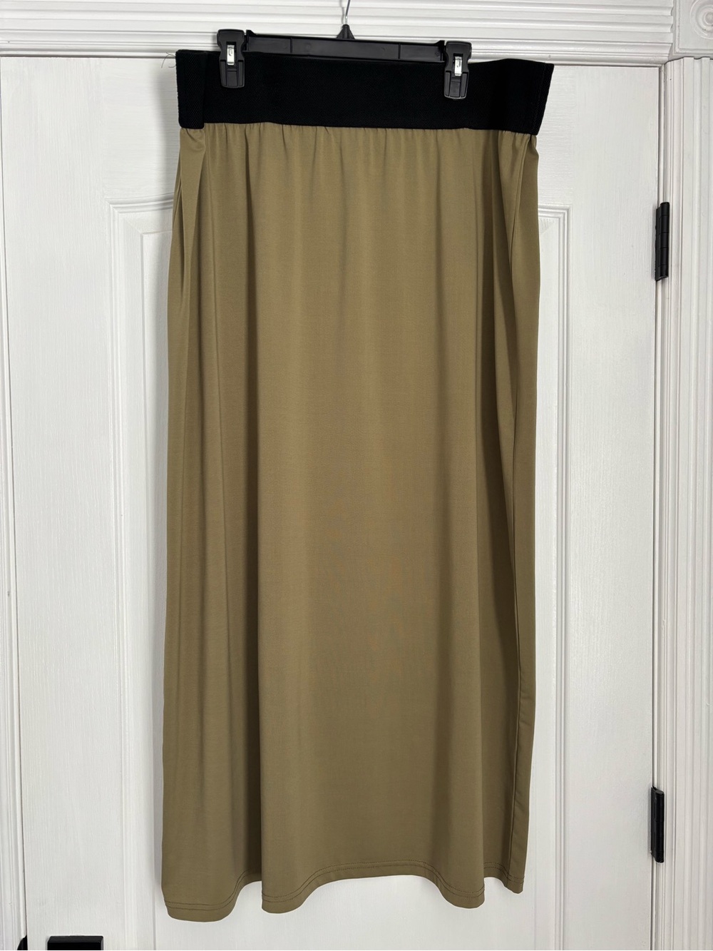 The Main Street Exchange Olive Maxi Skirt with Black Stretch Waistband